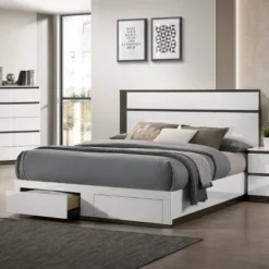 California King Pape Platform Bed With 2 Foot Drawers White/Metallic Gray - MiBasics: Contemporary Storage, No Box Spring Needed