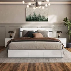 California King Pape Platform Bed With 2 Foot Drawers White/Metallic Gray - MiBasics: Contemporary Storage, No Box Spring Needed -Home Living Store GUEST 32a62ee0 99b8 4c03 9aa5 e3469cd098dc