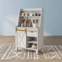 Downes Farmhouse Baker's Rack: Storage Drawer, 4 Shelves, White Oak - MiBasics