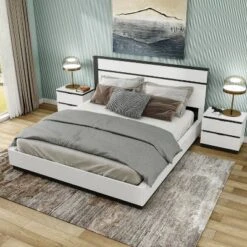 3pc Queen Pape Modern Bed With 2 Nightstands White/Metallic Gray - MiBasics: Contemporary Furniture Set