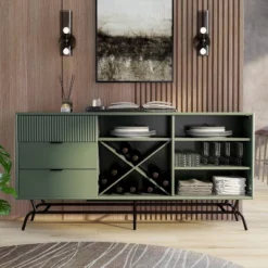 MiBasics Heath 60" Modern Buffet With Wine Cabinet Sage Green: Freestanding Storage, 4 Shelves, 3 Drawers