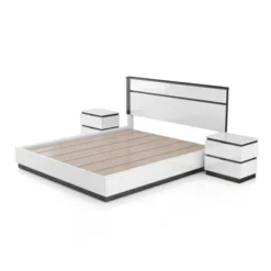 3pc Queen Pape Modern Bed With 2 Nightstands White/Metallic Gray - MiBasics: Contemporary Furniture Set -Home Living Store GUEST bc27c1ce 7f54 4749 827c c1a7cbde6e27