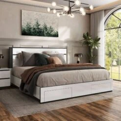 California King Pape Platform Bed With 2 Foot Drawers White/Metallic Gray - MiBasics: Contemporary Storage, No Box Spring Needed -Home Living Store GUEST c63c333f 011a 4cc6 93b4 57b8a95ad077