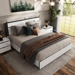 California King Pape Platform Bed With 2 Foot Drawers White/Metallic Gray - MiBasics: Contemporary Storage, No Box Spring Needed -Home Living Store GUEST d11927c5 1078 4c20 8849 323440c4e2ae