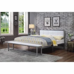 Queen Prunda Padded Headboard Platform Bed With Bench White/Silver - MiBasics