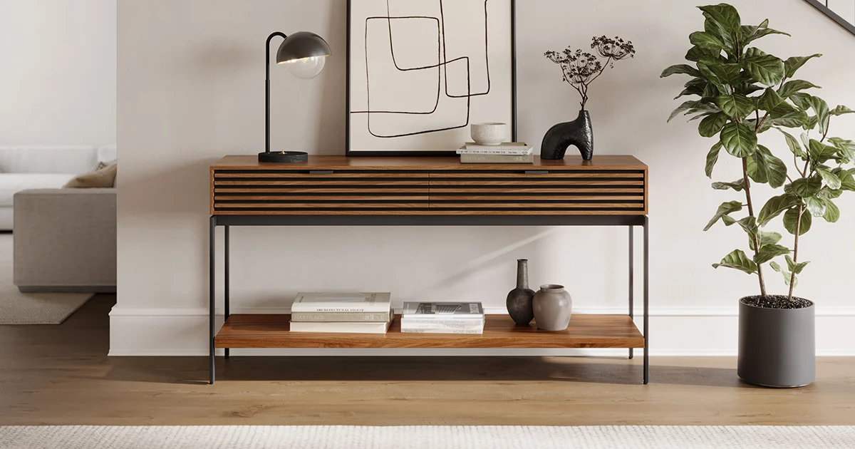 Home Living Store -Home Living Store cora console 1173 BDI natural walnut modern living room furniture entry way social